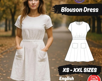 Frauen Taschen Kleid Schnittmuster Versammelte Taille Leinen Kleid XS - XXXL Schnittmuster