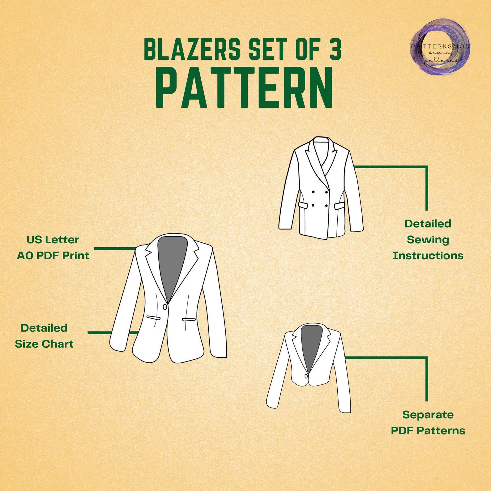 Women Blazer Sewing Pattern Set of 3 Classic Cropped Jacket Tutorial XS ...