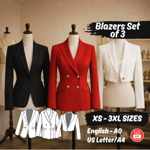 May include: Three blazers on mannequins: a black single-breasted, a red double-breasted with gold buttons, and a white cropped jacket. The image includes the text "Blazers Set of 3" and "XS-3XL SIZES".
