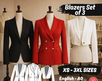 Women Blazer Sewing Pattern Set of 3 Classic Cropped Jacket Tutorial XS-3XL Blazers Pattern