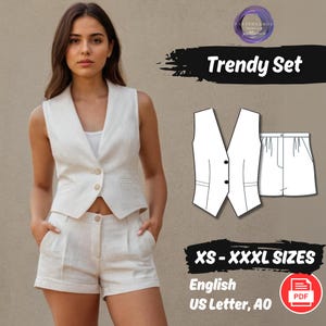May include: A white sleeveless vest and white shorts sewing pattern. The pattern includes sizes XS-XXXXL and is available in English, US Letter, and A0 formats. The pattern is available as a PDF download. Trendy Set.