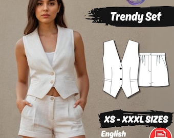 Cropped Waistcoat Mini Shorts Sewing Pattern Set Women Linen Outfit PDF Pattern