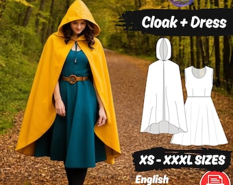 Cosplay Hooded Cloak with Dress Sewing Project Medieval Costume Cape Pattern Renaissance Fantasy Costume