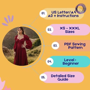 K&ouml;nnte beinhalten: Eine Frau in einem bordeauxfarbenen Kleid mit langen &Auml;rmeln und einem Sweetheart-Ausschnitt. Das Bild enth&auml;lt Text, der ein PDF-Schnittmuster mit den Gr&ouml;&szlig;en XS-XXXL, Anf&auml;ngerlevel und eine detaillierte Gr&ouml;&szlig;entabelle angibt.