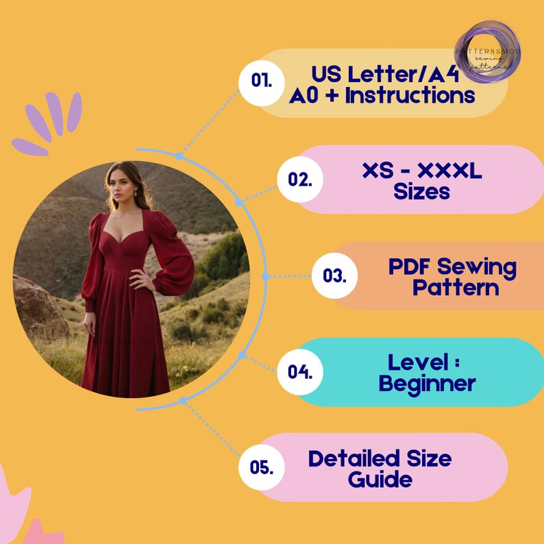 K&ouml;nnte beinhalten: Eine Frau in einem bordeauxfarbenen Kleid mit langen &Auml;rmeln und einem Sweetheart-Ausschnitt. Das Bild enth&auml;lt Text, der ein PDF-Schnittmuster mit den Gr&ouml;&szlig;en XS-XXXL, Anf&auml;ngerlevel und eine detaillierte Gr&ouml;&szlig;entabelle angibt.