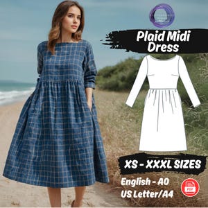Women's Loose Linen Midi Smock Dress Sewing Pattern with Pockets PDF Pattern