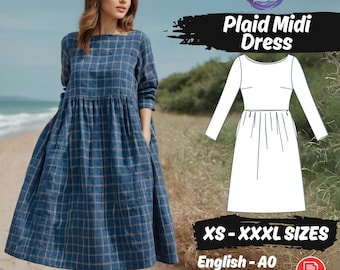 Women's Loose Linen Midi Smock Dress Sewing Pattern with Pockets PDF Pattern