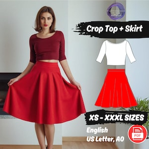 Women Maxi Skirt and Crop Top Sewing Pattern Set Summer Trendy Top Sewing Pattern Pockets Ruffle Skirt Digital Pattern Beginner Friendly