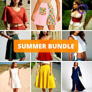 May include: A collage of summer clothing items, including a red crop top, pink shorts with a colorful pocket, a white dress, a yellow skirt, and a navy blue wrap dress. The image also features a green skirt, a red skirt, and a white crop top.
