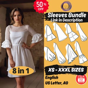 Peut inclure: T&eacute;l&eacute;chargement num&eacute;rique de 8 mod&egrave;les de manches diff&eacute;rents pour la couture. Les patrons sont disponibles en tailles XS-XXXL et en formats anglais, US Letter et A0. L'image montre une femme portant une robe blanche avec une manche &agrave; volants.