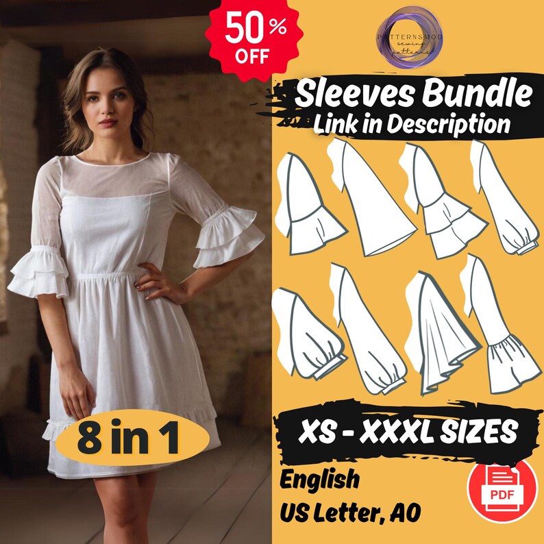 Peut inclure: T&eacute;l&eacute;chargement num&eacute;rique de 8 mod&egrave;les de manches diff&eacute;rents pour la couture. Les patrons sont disponibles en tailles XS-XXXL et en formats anglais, US Letter et A0. L'image montre une femme portant une robe blanche avec une manche &agrave; volants.