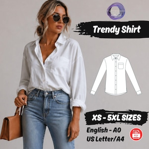 Può includere: Una camicia bianca abbottonata con taschino sul petto, abbinata a jeans blu. L'immagine include il testo "Trendy Shirt" e le taglie "XS-5XL SIZES". È presente anche un disegno della camicia.