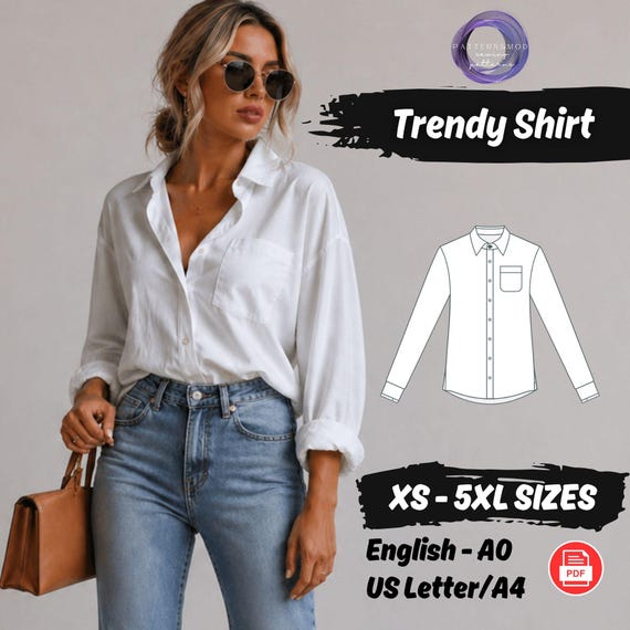 Women Trendy Shirt Sewing Pattern Button Up Long Sleeve Classic Top Beginner Sewing Tutorial