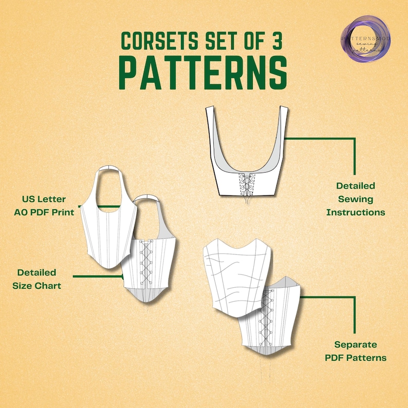 Corset Sewing Pattern Set of 3 Underbust Tie Tube Top Patterns Trendy ...