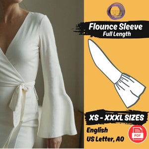 Op de afbeelding: Een witte jurk met een wikkelboord en lange pofmouwen. De jurk wordt getoond op een model. De afbeelding bevat ook een lijntekening van een pofmouw, de tekst "Flounce Sleeve Full Length" en de tekst "XS-XXXL SIZES". De tekst "English US Letter, AO PDF" is ook inbegrepen.