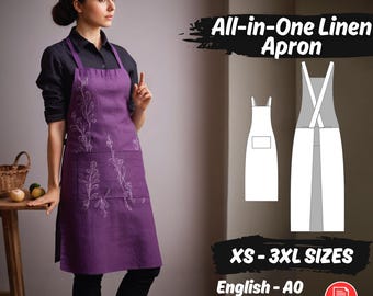 Patrón de costura para delantal de peto, patrón PDF para principiantes de vestido de lino estilo campestre
