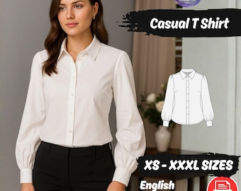 Bischof Ärmel Bluse Schnittmuster, Puff Long Shirt PDF Anleitung, Rundkragen Bluse