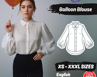 Naaipatroon bisschopsmouwenblouse, blouse met pofmouwen PDF-patroon, blouse met ronde kraag XS - XXXL | Directe download