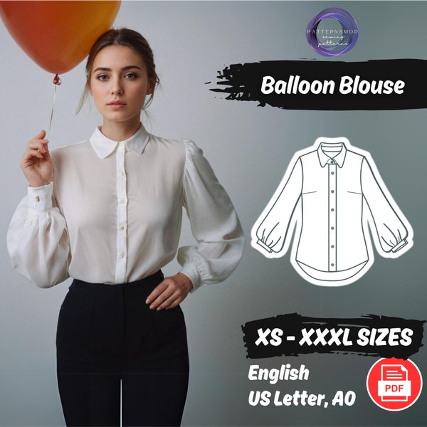 Bishop Sleeve Blouse Sewing Pattern, Puff Sleeve Blouse PDF Pattern, Round Collar Blouse Sewing Pattern XS - XXXL | Instant Download