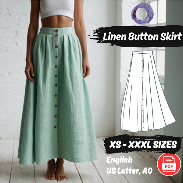 Button Skirt Sewing Pattern, Cottagecore Pockets Skirt Pattern, Symmetrical Skirt Pattern, Easy Pattern