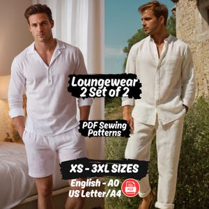 Puede incluir: Dos hombres modelan conjuntos de ropa de descanso blancos. Uno incluye una camisa de manga larga y pantalones cortos, el otro una camisa de manga larga y pantalones. La imagen incluye el texto "Loungewear 2 Set of 2", "PDF Sewing Patterns" y "XS-3XL SIZES".