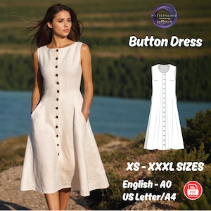 Linen Button Midi Dress Sewing Pattern, Pocketed A-Line Outfit PDF Pattern