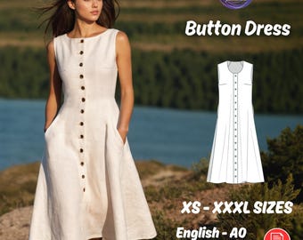 Linen Button Midi Dress Sewing Pattern, Pocketed A-Line Outfit PDF Pattern