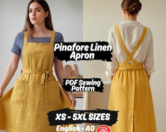 Women Linen Pinafore Apron Sewing Pattern Set, Cottagecore Lace Dress PDF Pattern