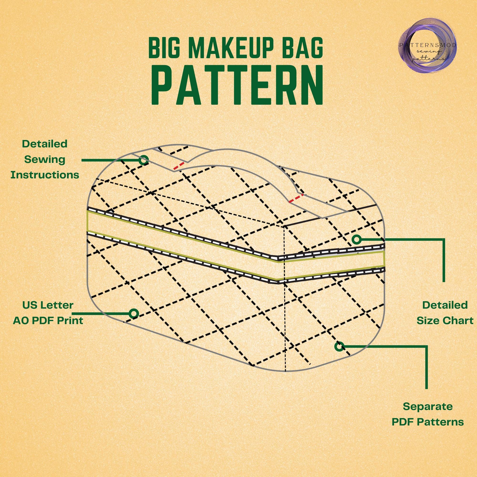 Makeup Bag Sewing Pattern With Handle, Travel Organizer Cosmetic Pouch ...