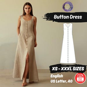 Puede incluir: Un patrón de costura digital para un vestido maxi con botones y abertura delantera. El patrón está disponible en tallas XS-XXXXL y se imprime en papel tamaño A4. El patrón está en inglés.