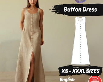 Maxi Button Linen Dress Sewing Pattern | Sleeveless Cottagecore (PDF Pattern)
