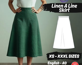 Women's Linen A-Line Skirt Sewing Pattern, Midi Pockets Skirt Beginner Friendly Tutorial
