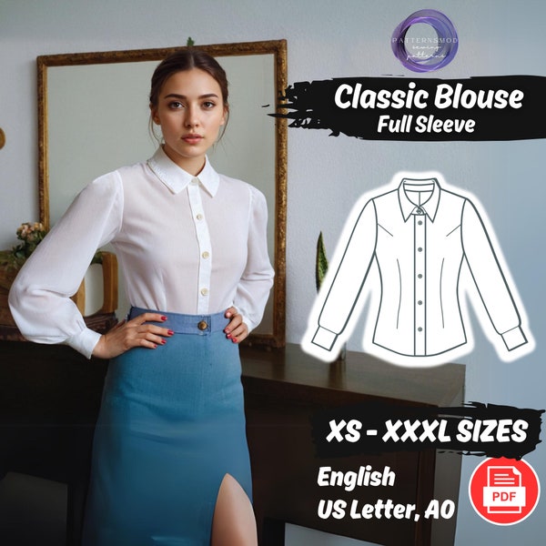 Long Sleeve Blouse Sewing Pattern Button Down Shirt Pattern | Office White Blouse Pattern, Beginner Sewing Instructions