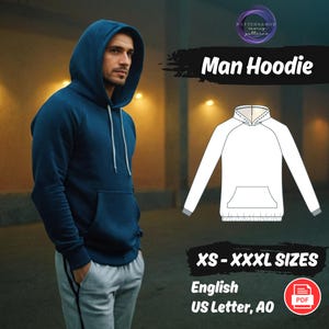Könnte beinhalten: Ein digitales Schnittmuster für einen Hoodie in den Größen XS bis XXXL. Das Schnittmuster ist in englischer Sprache verfügbar und wird auf Papier im US-Letter-Format gedruckt. Das Bild zeigt einen weißen Hoodie mit einer Kängurutasche und einer Kapuze.