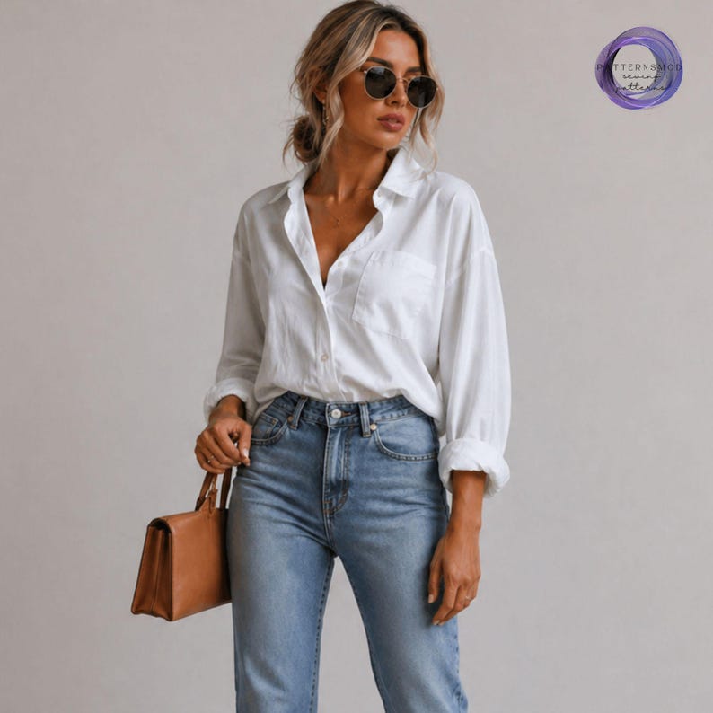 May include: A woman wearing a white button-down shirt, light blue jeans, and sunglasses. She is carrying a brown handbag. The shirt has a pocket on the chest. The outfit is casual and stylish.