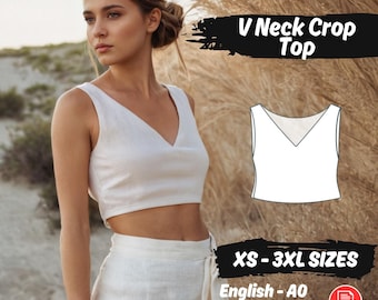 V-Neck Crop Top Sewing Pattern: Linen Blouse, Sleeveless Tank (PDF Pattern)