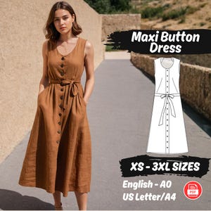 Button Dress Sewing Pattern, Summer Dress with Pockets Pattern, O Neck Sleeveless Dress PDF Pattern, Maxi Linen Dress Sewing Pattern