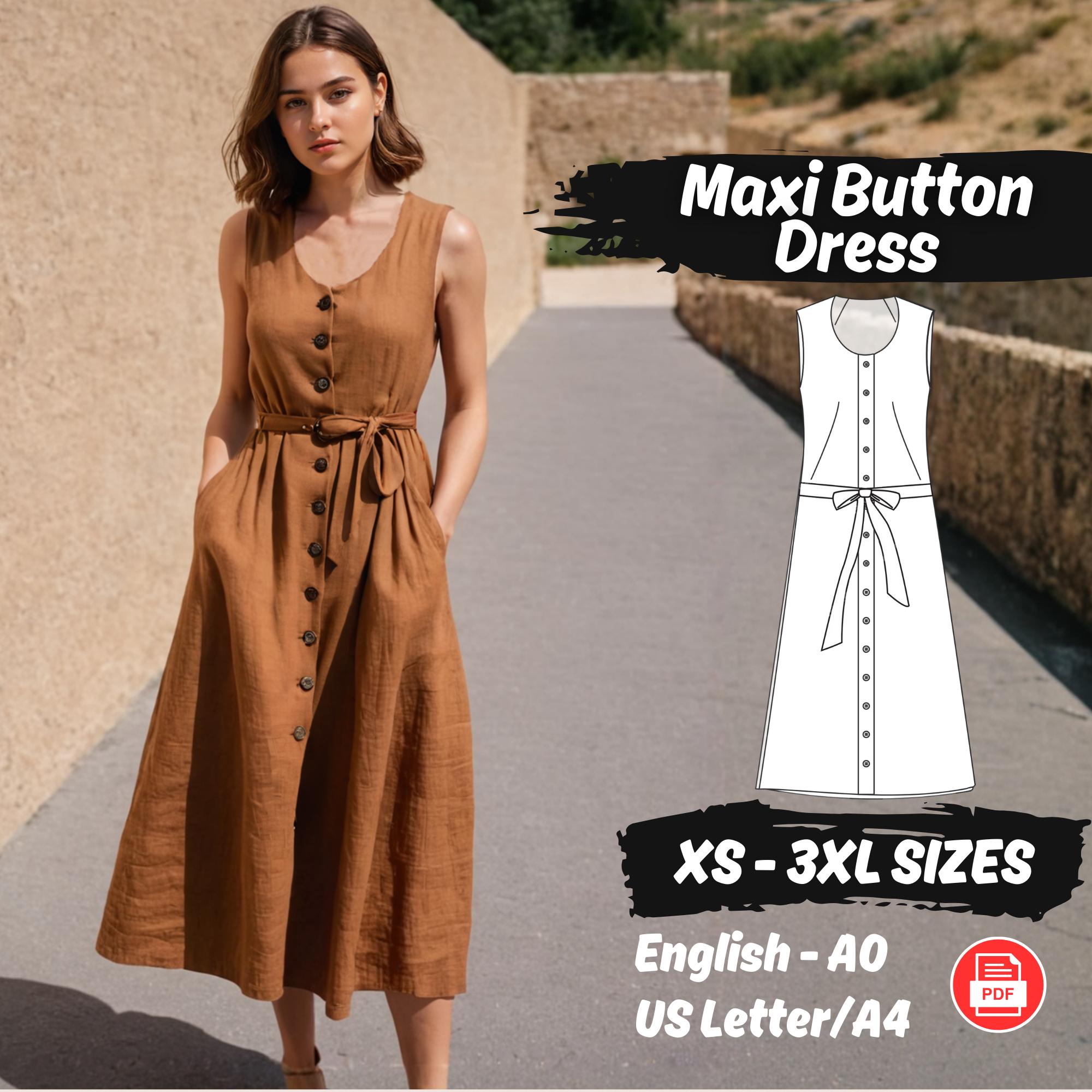 Button Dress Sewing Pattern, Summer Dress with Pockets Pattern, O Neck Sleeveless Dress PDF Pattern, Maxi Linen Dress Sewing Pattern