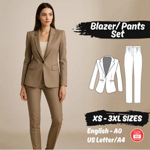 Puede incluir: Una mujer con un blazer y pantalón color beige. La imagen también muestra un dibujo lineal de un blazer y un pantalón, junto con el texto "Blazer/Pants Set" y "XS-3XL SIZES".
