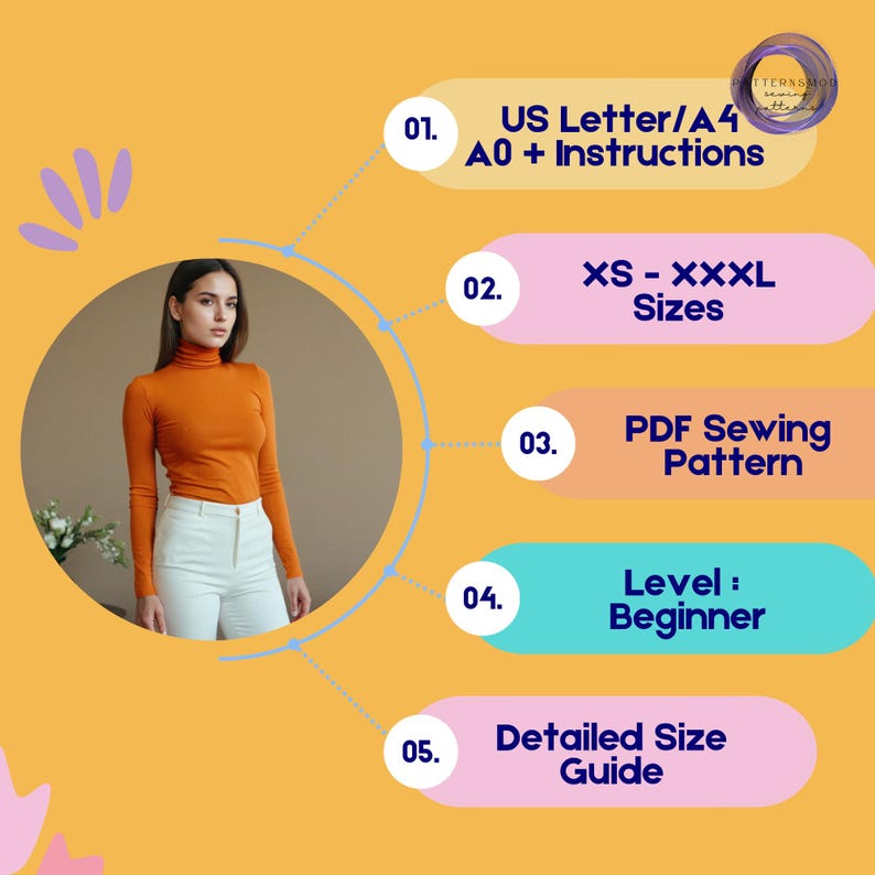 Turtleneck Blouse Sewing Pattern, Women's Mock Neck Top PDF Pattern image 5