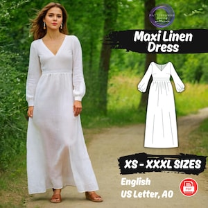 Cottagecore Maxi Dress Pattern | Bishop Sleeve Linen Dress PDF | Gathered Waist Long Dress | DIY Sewing Tutorial