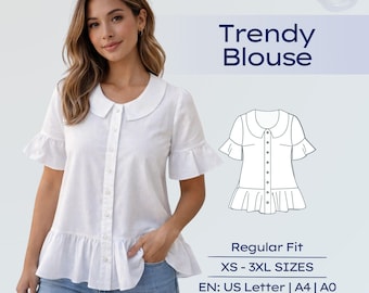 Patrón de costura de blusa con volantes para mujer Tutorial en PDF de camisa con volantes Patrón de camiseta sin mangas con mangas acampanadas