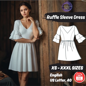 Flare Sleeve Dress Pattern, Midi Ruffle Dress Sewing Pattern, Cottagecore V Neck Dress PDF Pattern, XS - XXXL Beginner Pattern Instructions