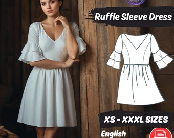 Flare Sleeve Dress Pattern, Midi Ruffle Dress Sewing Pattern, Cottagecore V Neck Dress PDF Pattern, XS - XXXL Beginner Pattern Instructions