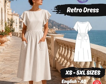 Patrón de costura para vestido retro: vestido fruncido con mangas acampanadas y bolsillos. Tutorial de costura fácil.
