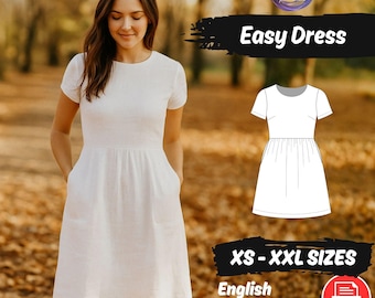 Linen Dress Sewing Pattern Gathered Short Sleeve Summer Dress XS - XXXL Instant Download