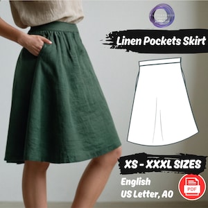 Puede incluir: Una falda de lino verde con bolsillos. La falda se muestra en una modelo y tiene una silueta simple y de línea A. El patrón está disponible en tallas XS-XXXXL y es una descarga digital en inglés, US Letter y A0.