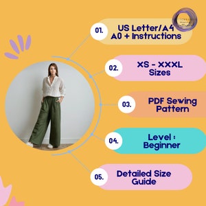 Patrón de costura pantalón blusa / Patrón pantalón lino pierna ancha / PDF digital fácil / Descarga instantánea imagen 5