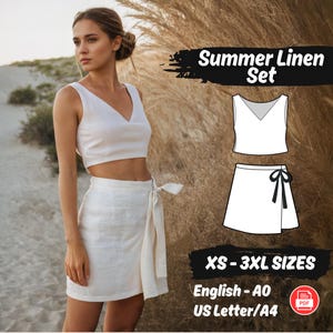 Puede incluir: Una mujer con un conjunto de verano de lino blanco, compuesto por un top corto y una falda envolvente. La imagen incluye un diagrama del top y la falda, y el texto "Summer Linen Set" y "XS-3XL SIZES".