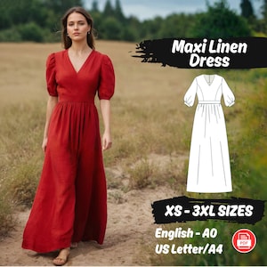 Women Maxi Linen Dress PDF Sewing Pattern, Cottagecore V Neck Dress Pattern, Bishop Sleeve Pinafore Dress Pattern, Long Dress Pattern